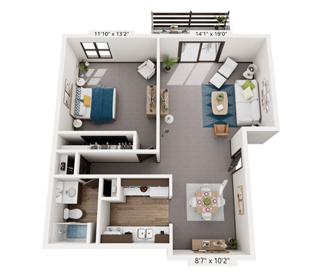 Floor plan for 1 bed, 1 bath, 800 sqft